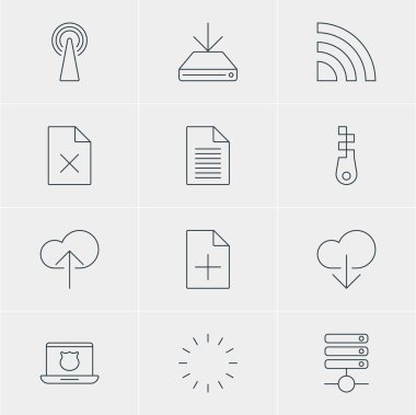 12 Web Simgeler Vektör Illustration. Yönlendirici, sunucu, belge ekleme ve diğer öğeleri düzenlenebilir sürüsü.