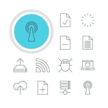 12 Internet simgeler vektör Illustration. Belge ekleme, sunucu, bekleyen ve diğer elemanların düzenlenebilir paketi.