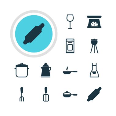 12 Restoran simgeler vektör Illustration. Şarap, ekmek rulo, Barbekü ve diğer öğeleri düzenlenebilir paketi.