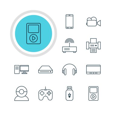 12 Aksesuar simgeler vektör Illustration. Fotokopi makinesi, Usb kartı, akıllı telefon ve diğer öğeleri düzenlenebilir paketi.