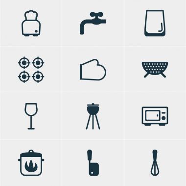 12 pişirme simgeler vektör Illustration. Düzenlenebilir paket tenceresi, kasap bıçağı, Barbekü ve diğer öğeleri.