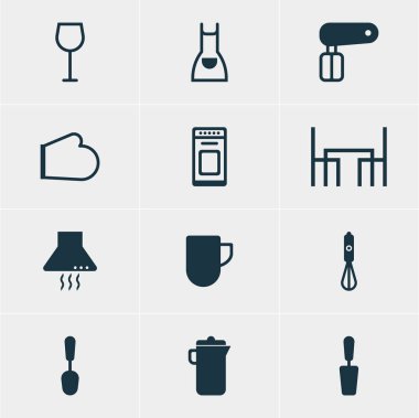 12 mutfak eşyaları simgeler vektör Illustration. Çırpma teli, Spatula, Fırın eldivenleri ve diğer öğeleri düzenlenebilir paketi.