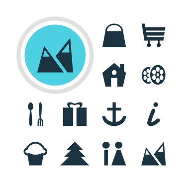 12 yerde simgeler vektör Illustration. Orman, peyzaj, Film öğeleri düzenlenebilir paketi.