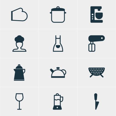 12 mutfak eşyaları simgeler vektör Illustration. Önlük, Mikser, çorba Pan ve diğer öğeleri düzenlenebilir paketi.