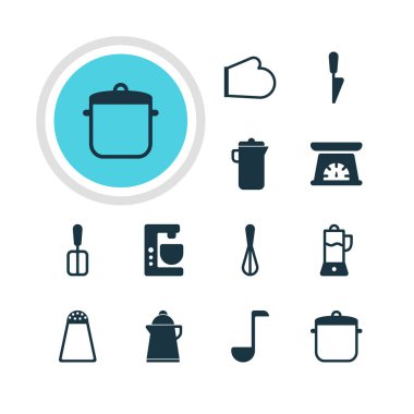 12 pişirme simgeler vektör Illustration. Düzenlenebilir paket meyve sıkacağı, mutfak hançer, Corolla ve diğer öğeleri.
