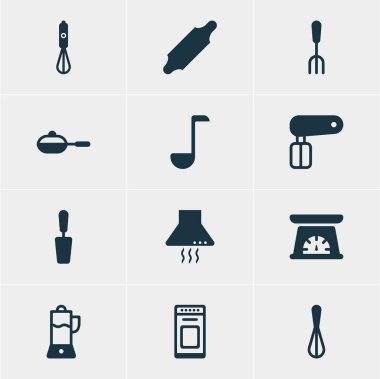 12 mutfak eşyaları simgeler vektör Illustration. Corolla, aracı, ekmek rulo ve diğer öğeleri ölçme düzenlenebilir sürüsü.