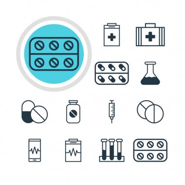 12 tıp simgeler vektör Illustration. Tıp, düzenlenebilir Pack deney şişesi, şişe ve diğer öğeleri.