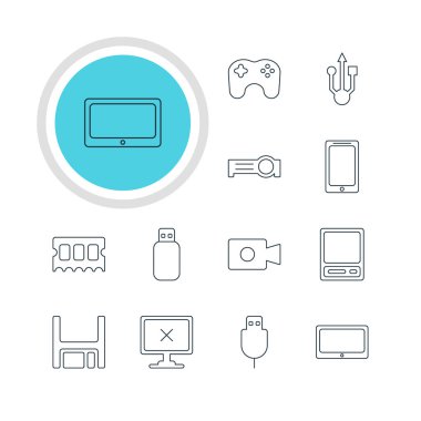 12 defter simgeler vektör Illustration. Bellek çipi, sunum, akıllı telefon ve diğer öğeleri düzenlenebilir sürüsü.