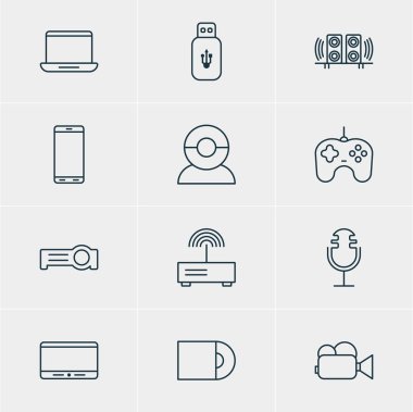 12 donanım simgeler vektör Illustration. Görüntülü sohbet, Joypad, Usb kart ve diğer öğeleri düzenlenebilir paketi.