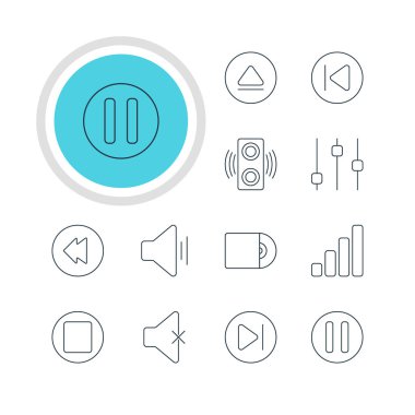 12 müzik simgeler vektör Illustration. Önceki, Duraklat ve diğer öğeleri geri sarma, düzenlenebilir sürüsü.