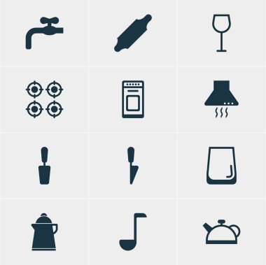 12 pişirme simgeler vektör Illustration. Aspiratör cihazı, fırın, ibrik ve diğer öğeleri düzenlenebilir sürüsü.