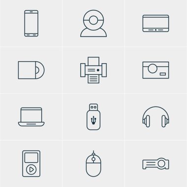 12 donanım simgeler vektör Illustration. Fotokopi makinesi, imleç denetleyicisi, fotoğraf ve diğer öğeleri düzenlenebilir paketi.