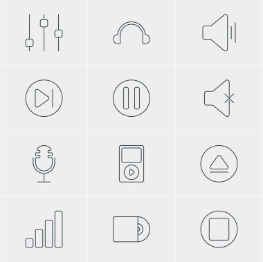 12 müzik simgeler vektör Illustration. Kompakt Disk, ses, sabitleyici ve diğer öğeleri düzenlenebilir paketi.
