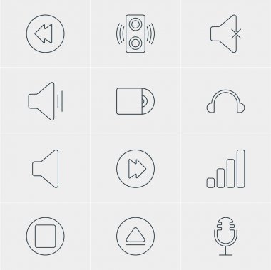 12 melodi simgeler vektör Illustration. Geri, düzenlenebilir Pack kompakt Disk, hoparlör ve diğer öğeleri.