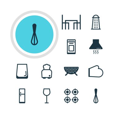 12 pişirme simgeler vektör Illustration. Aspiratör cihazı, fırın, elek ve diğer öğeleri düzenlenebilir sürüsü.