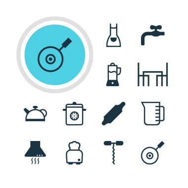 12 pişirme simgeler vektör Illustration. Ekmek rulo, yemek masası, tava ve diğer öğeleri düzenlenebilir paketi.