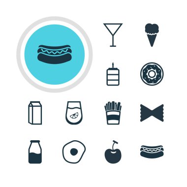 12 çanak simgeler vektör Illustration. Pasta, Streetfood, meyve suyu ve diğer öğeleri düzenlenebilir paketi.