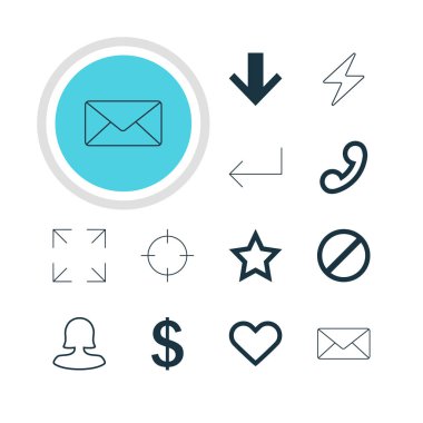 12 arabirim simgeler vektör Illustration. Zarf, duygu, geniş sınıf başkanı ve diğer öğeleri düzenlenebilir paketi.