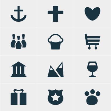 12 seyahat simgeler vektör Illustration. Kalp, çapa, Skittles ve diğer öğeleri düzenlenebilir paketi.