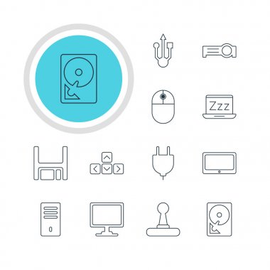 12 bilgisayar simgeler vektör Illustration. Soket, imleç manipülatör, ekran ve diğer öğeleri düzenlenebilir paketi.