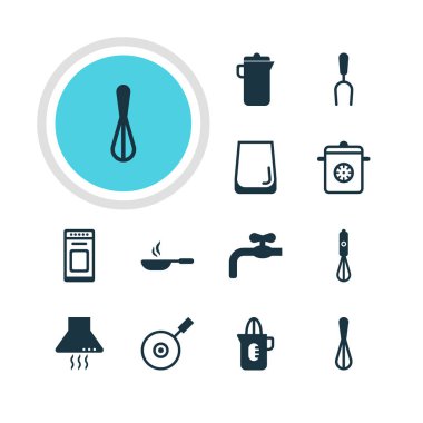 12 mutfak eşyaları simgeler vektör Illustration. Corolla, vapur, Handmixer elemanlarının düzenlenebilir paketi.