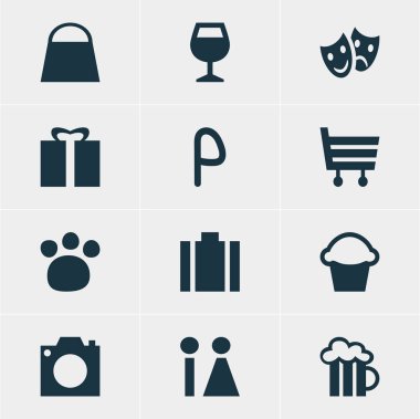 Check-In 12 simgeler vektör Illustration. Kek, alışveriş sepeti, el çantası öğeleri düzenlenebilir paketi.