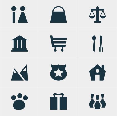 12 yerde simgeler vektör Illustration. Düzenlenebilir Pack Pet Shop, Cafe, polis ve diğer öğeleri.