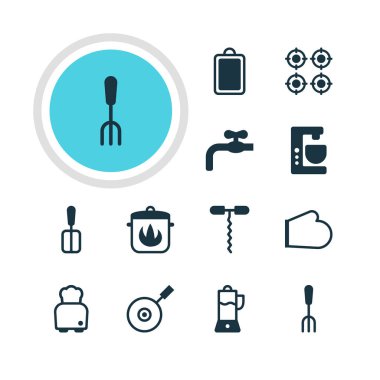 12 Restoran simgeler vektör Illustration. Şarap açacağı, fırın, pişirme Spade ve diğer öğeleri düzenlenebilir paketi.