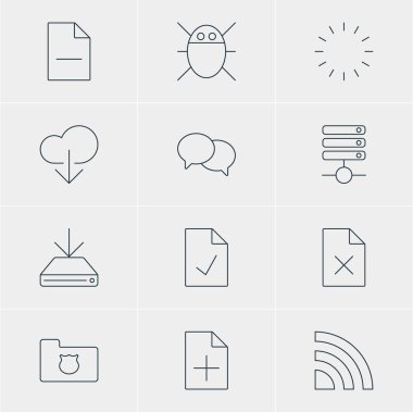 12 Web Simgeler Vektör Illustration. Veri karşıya yükleme, belge ekleme, bilgi yükü ve diğer öğeleri düzenlenebilir sürüsü.