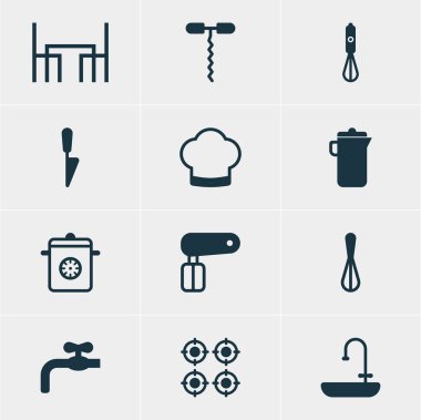 12 mutfak eşyaları simgeler vektör Illustration. Fırın, çırpma teli, vapur ve diğer öğeleri düzenlenebilir sürüsü.