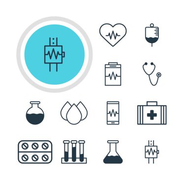 12 sağlık simgeler vektör Illustration. Şişe, antikor, damlama ve diğer öğeleri düzenlenebilir paketi.
