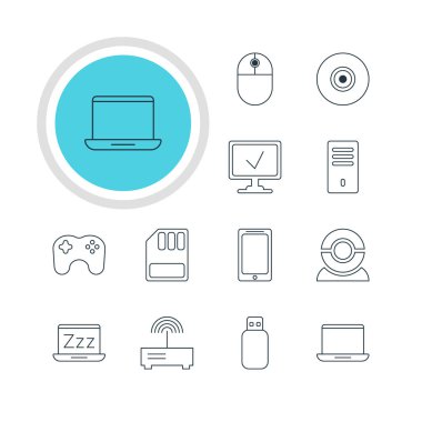12 Laptop simgeler vektör Illustration. Online bilgisayar, imleç manipülatör, akıllı telefon ve diğer öğeleri düzenlenebilir paketi.