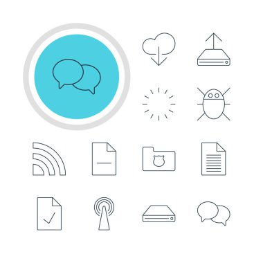 12 Internet simgeler vektör Illustration. Veri karşıya yükleme bekliyor, Not ve diğer öğeleri, düzenlenebilir paketi.