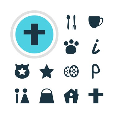 12 seyahat simgeler vektör Illustration. Kahve Dükkanı, ev, Cafe ve diğer öğeleri düzenlenebilir paketi.