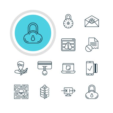 12 Web Emanet simgeler vektör Illustration. Bozuk posta, güvenli depolama, sistem güvenliğini ve diğer öğeleri düzenlenebilir paketi.
