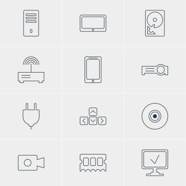 12 bilgisayar simgeler vektör Illustration. Düzenlenebilir paket Smartphone, tuş takımı, Tablet ve diğer öğeleri.