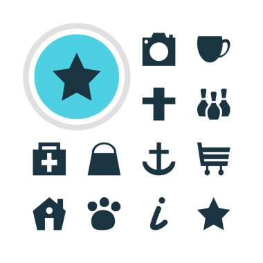 12 harita simgeler vektör Illustration. Eczane, yer imi, çapa ve diğer öğeleri düzenlenebilir paketi.