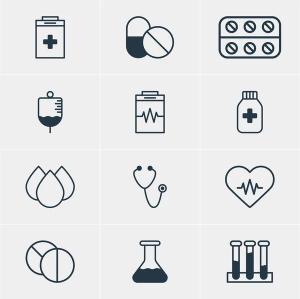 Illustrazione vettoriale di 12 icone di medicina. Pacchetto modificabile di compressa rotonda, ritmo cardiaco, antibiotico e altri elementi . — Vettoriale Stock