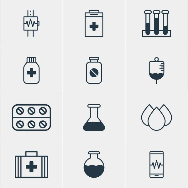 Ilustración vectorial de 12 iconos de la salud. Paquete editable de aspirina, latidos del corazón, bolsa médica y otros elementos . — Archivo Imágenes Vectoriales