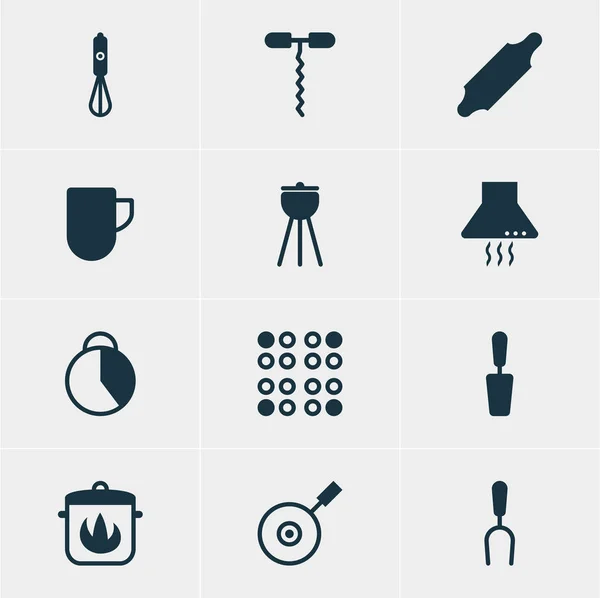 Ilustración vectorial de 12 iconos de cocina. Paquete editable de rodillo de panadería, sartén, herramienta de barbacoa y otros elementos . — Archivo Imágenes Vectoriales