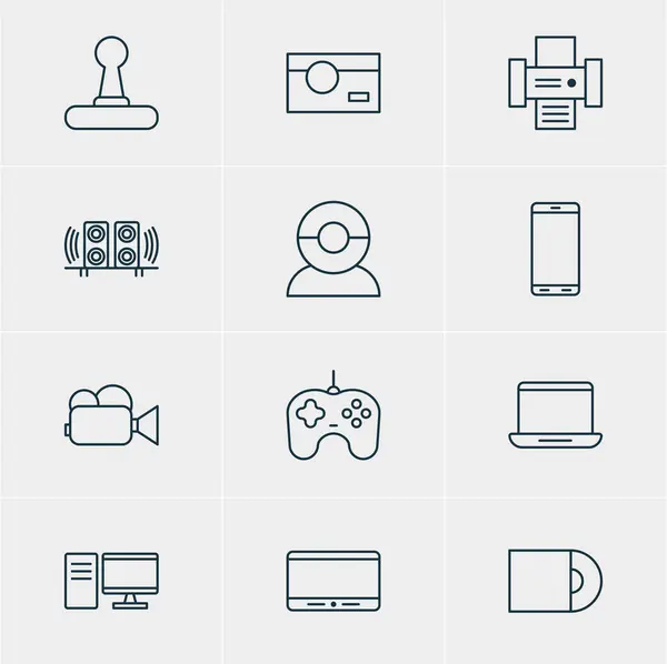 Illustration vectorielle de 12 icônes d'appareils. Pack modifiable de chat vidéo, photographie, contrôleur de jeu et autres éléments . — Image vectorielle