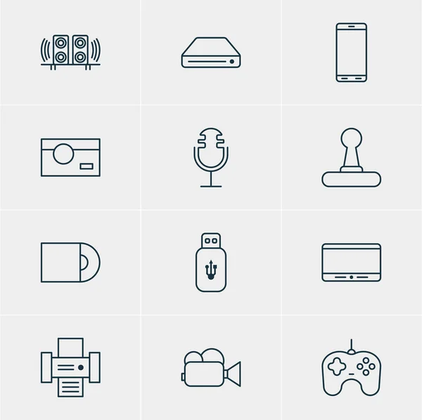 Illustration vectorielle de 12 icônes matérielles. Pack modifiable de haut-parleur, Smartphone, contrôleur de jeu et autres éléments . — Image vectorielle