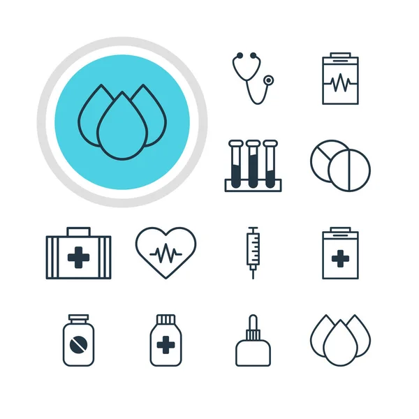 Ilustración vectorial de 12 iconos de la medicina. Envase editable de frasco de experimento, aspirina, tratamiento y otros elementos . — Archivo Imágenes Vectoriales