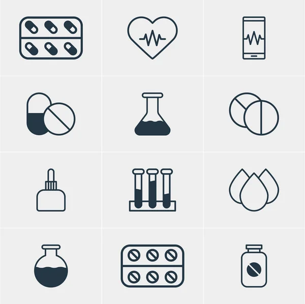 Vectorillustratie van 12 geneeskunde pictogrammen. Bewerkbare Pack geneesmiddel werper, geneeskunde, kolf en andere elementen. — Stockvector