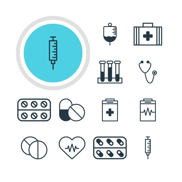 Ilustração vetorial de 12 ícones de saúde. Pacote editável de pulso, tratamento, frasco experimental e outros elementos . — Vetor de Stock