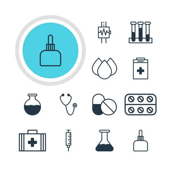 Vektorillustration av 12 hälsa ikoner. Redigerbara Pack av antibiotikum, Experiment kolv, puls och andra element. — Stock vektor