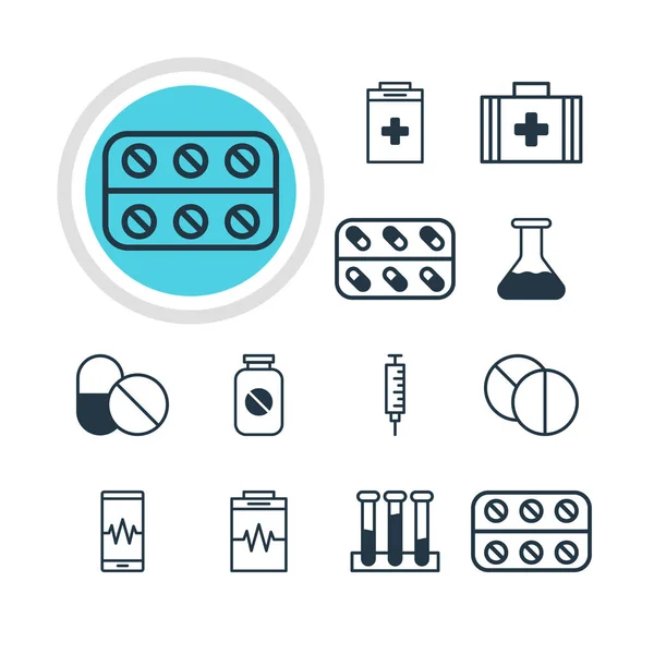 Vector εικονογράφηση 12 εικονίδια ιατρικής. Επεξεργάσιμο πακέτου της ιατρικής, πειραματιστείτε φιάλη, φιάλη και άλλα στοιχεία. — Διανυσματικό Αρχείο