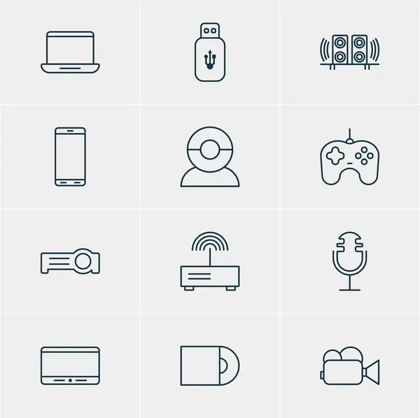 Illustration vectorielle de 12 icônes matérielles. Pack modifiable de chat vidéo, Joypad, carte USB et autres éléments . — Image vectorielle