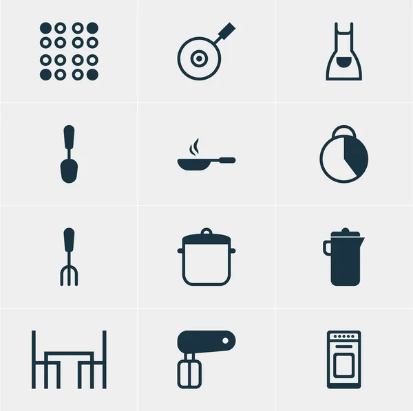 Ilustración vectorial de 12 iconos de cocina. Paquete editable de cronometrador, horno, mesa de cena y otros elementos . — Archivo Imágenes Vectoriales