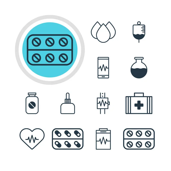 Illustrazione vettoriale di 12 icone di medicina. Pacchetto modificabile di battito cardiaco, aspirina, borsa medica e altri elementi . — Vettoriale Stock
